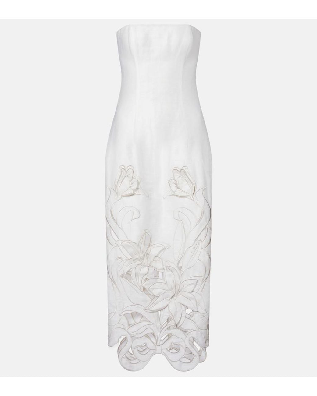LEO LIN White Rayna Floral-Applique Linen-Blend Bustier Gown