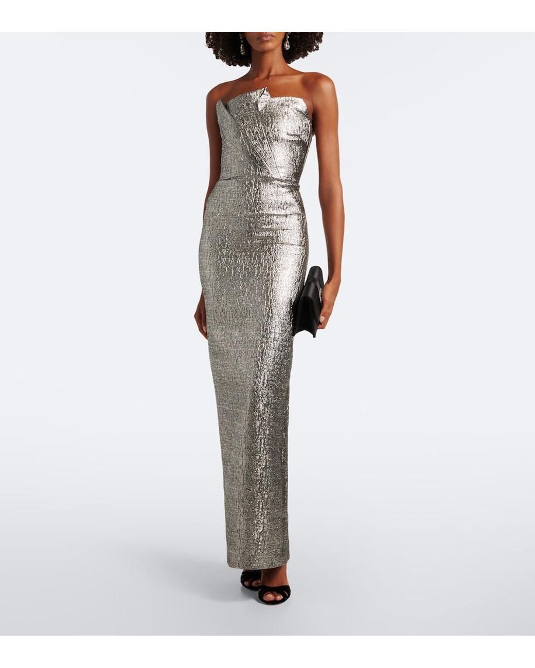 Roland Mouret Gray Pleated Lame Jacquard Bustier Gown