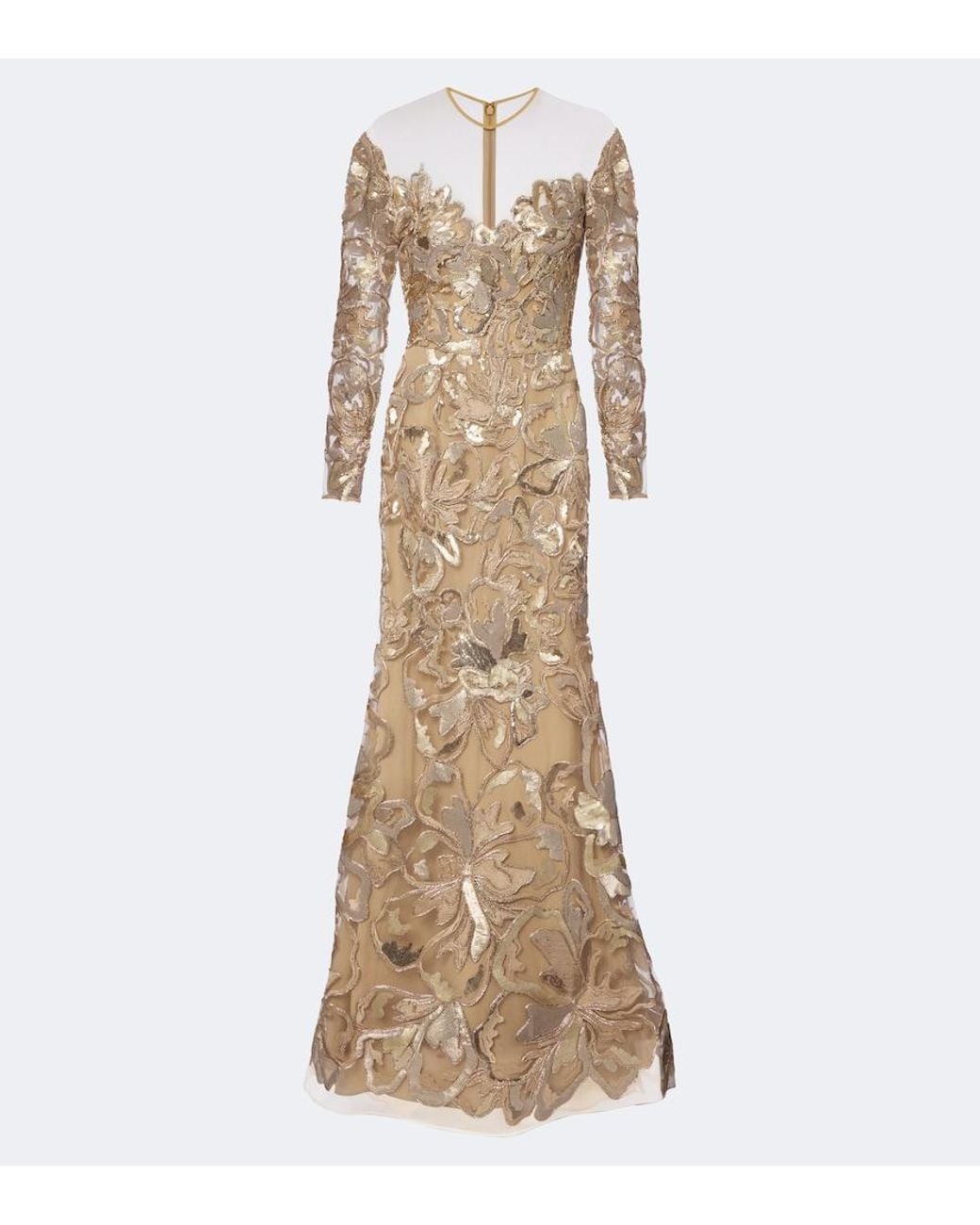 Elie Saab Natural Embroidered Sequined Tulle Gown