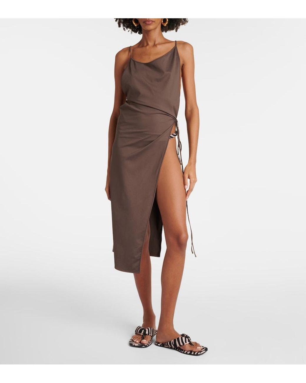 The Attico Brown Side-Slit Gathered Midi Dress
