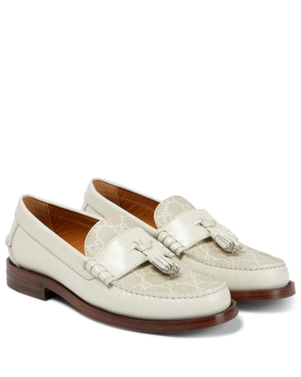 Gucci Tasseled Leather And Canvas Loafers in White | Lyst