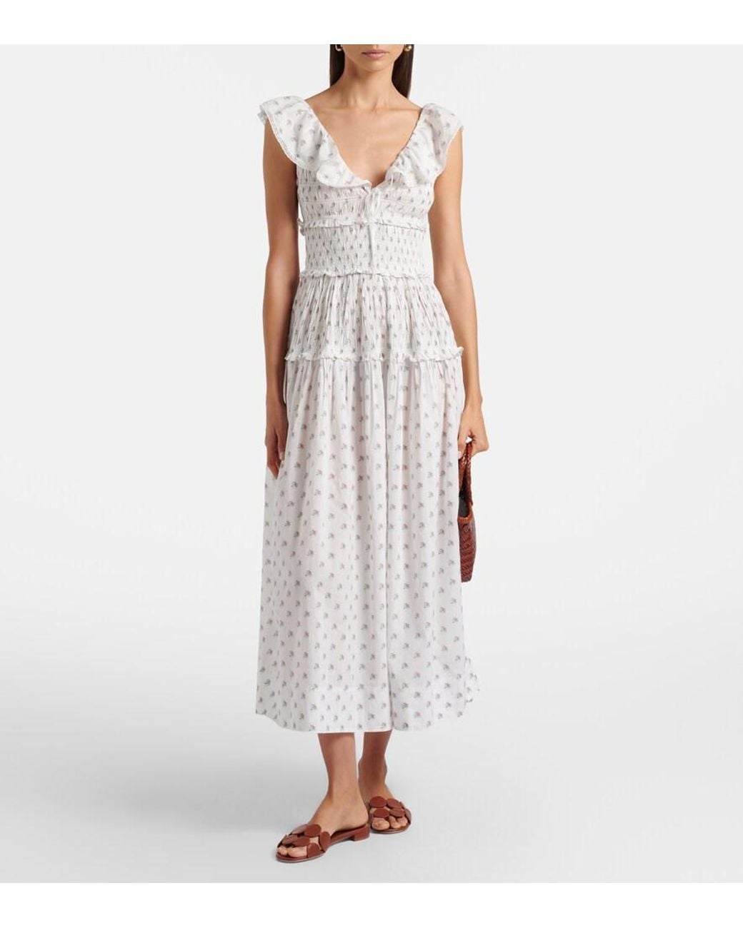 Doen White Sorina Floral Cotton Midi Dress
