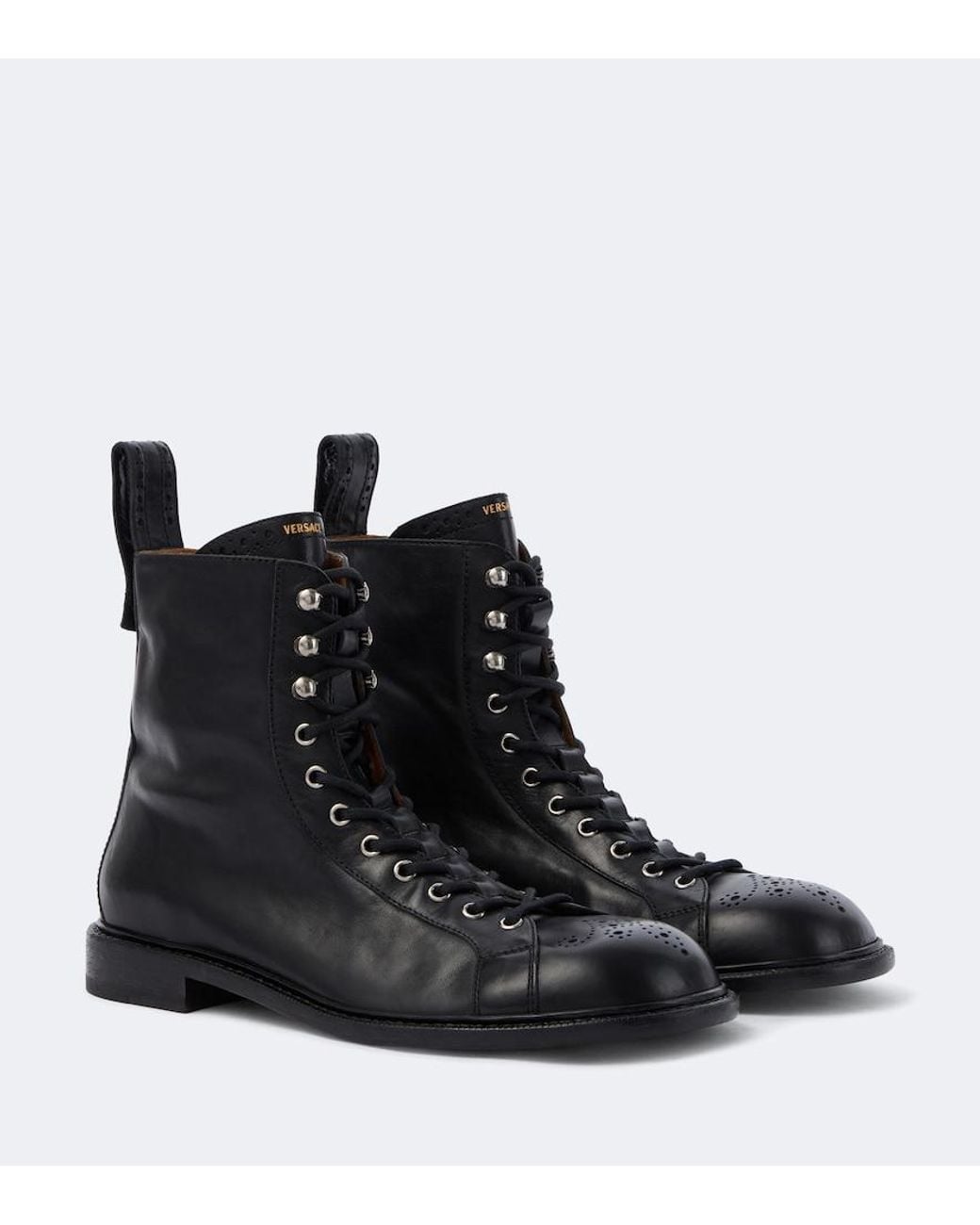 Versace Black Billy Perforated Leather Combat Boots for men