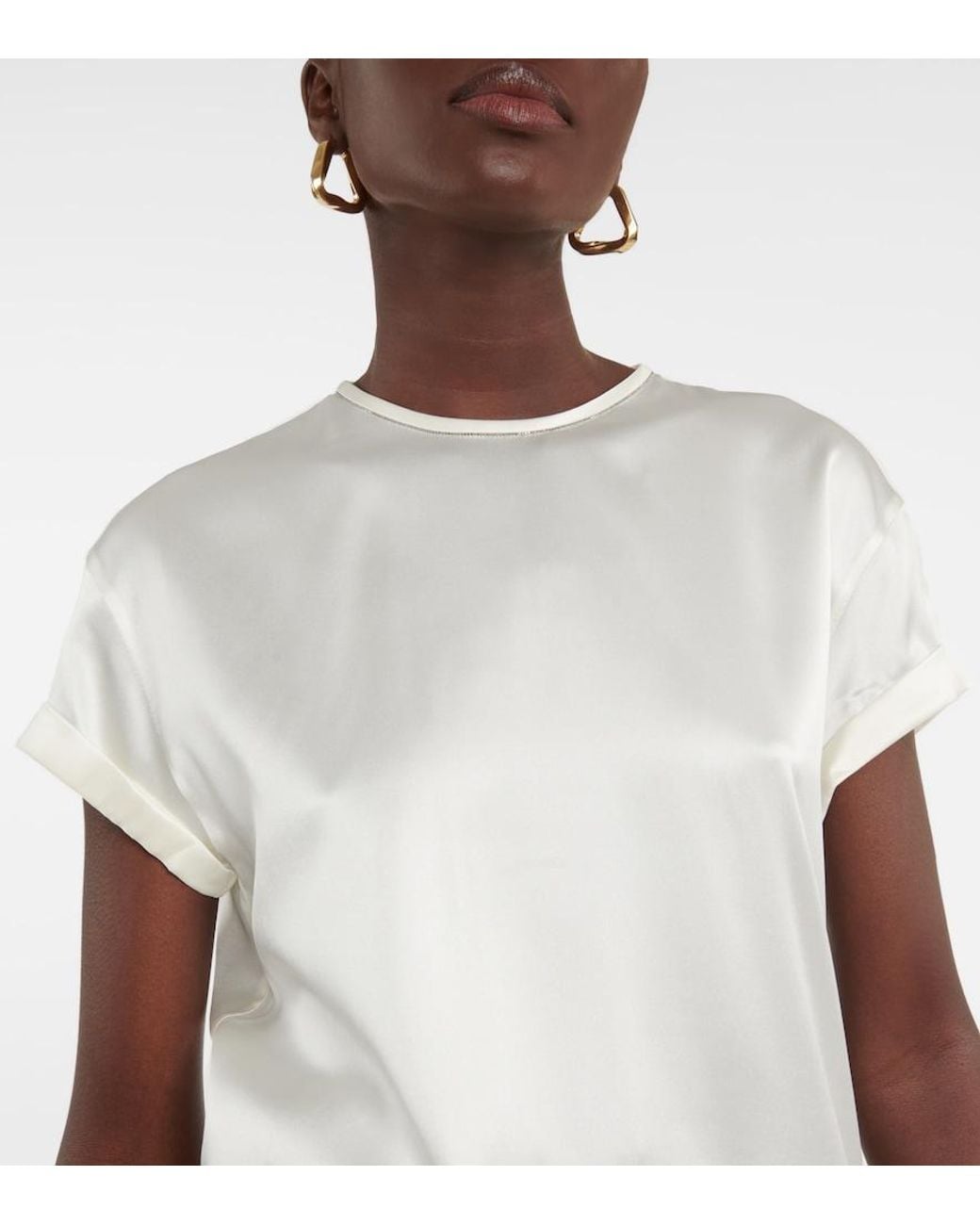 Brunello Cucinelli White Silk-Blend Satin T-Shirt