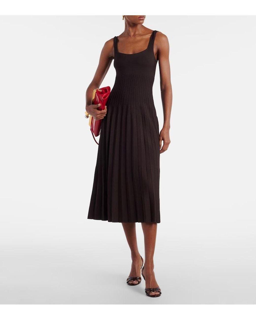 Staud Black Ellison Pleated Knitted Midi Dress
