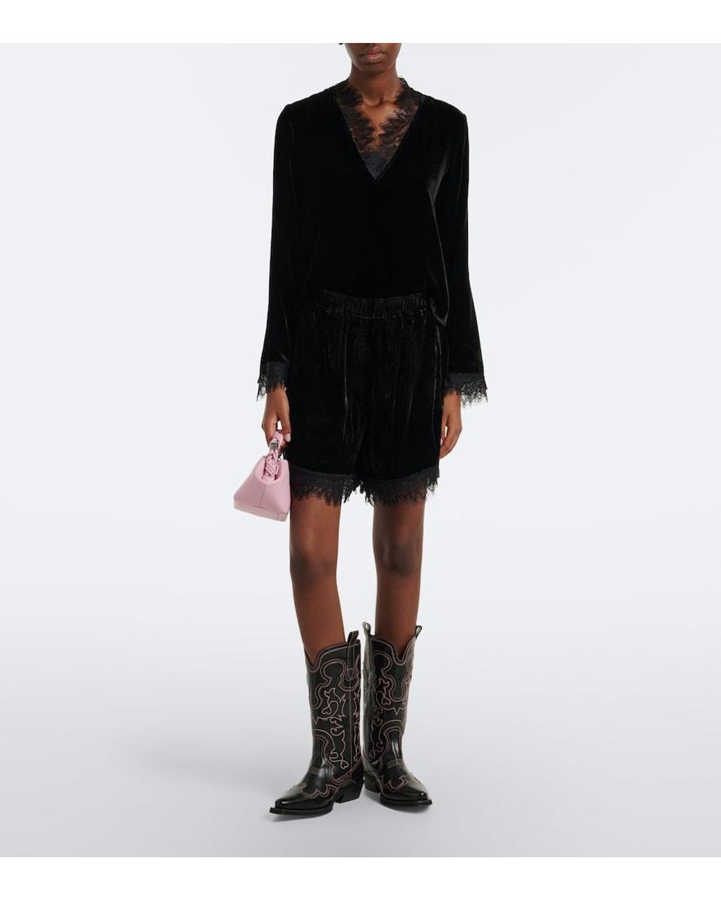 Ganni Black Lace-Trimmed Velvet Top