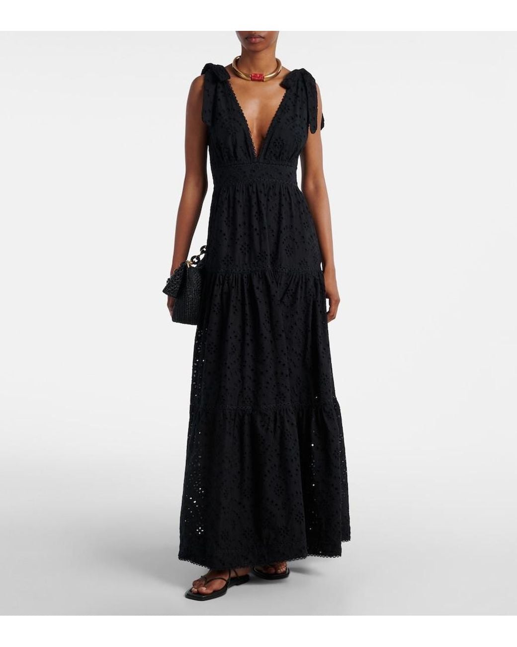 Poupette Black Perla Embroidered Cotton Maxi Dress