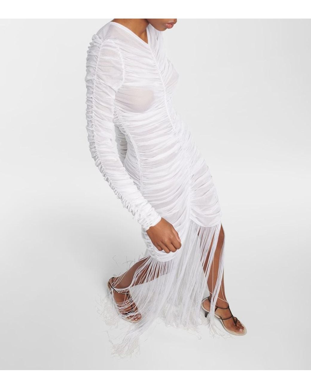 Khaite White Guisa Fringed Shirred Silk-Blend Gown