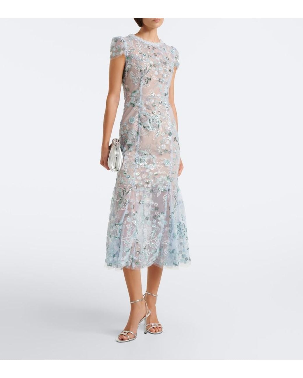 Self-Portrait Blue Floral Sequined Tulle Midi Dress