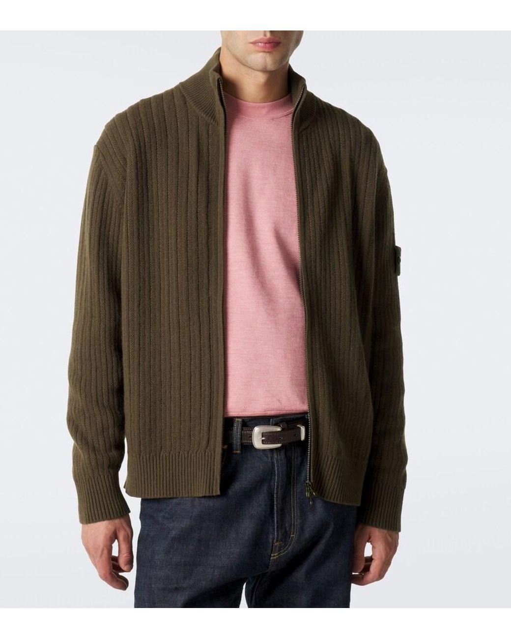 Stone Island Green Compass Wool And Cashmere Cardigan for men