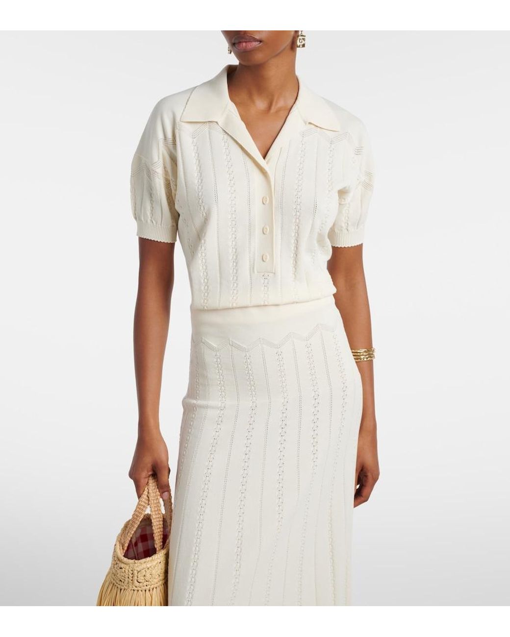 Faithfull The Brand White Acme Pointelle Cotton-Blend Polo Shirt