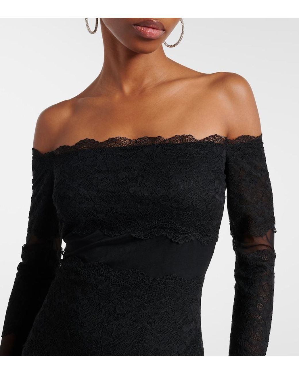 Blumarine Black Off-Shoulder Lace Tulle Maxi Dress
