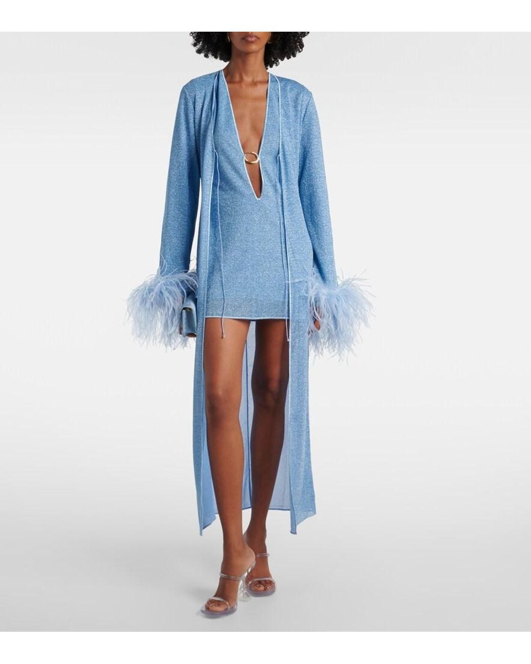 Oseree Blue Lumiere Plumage Feather-Trimmed Robe