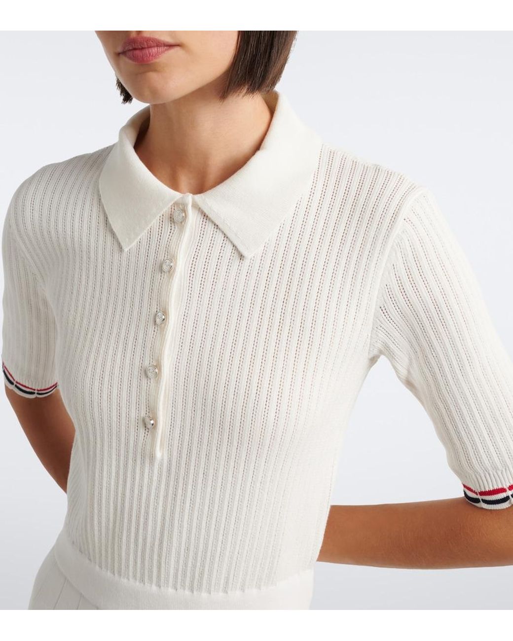 Thom Browne White Ribbed-Knit Pointelle Cotton Polo Dress