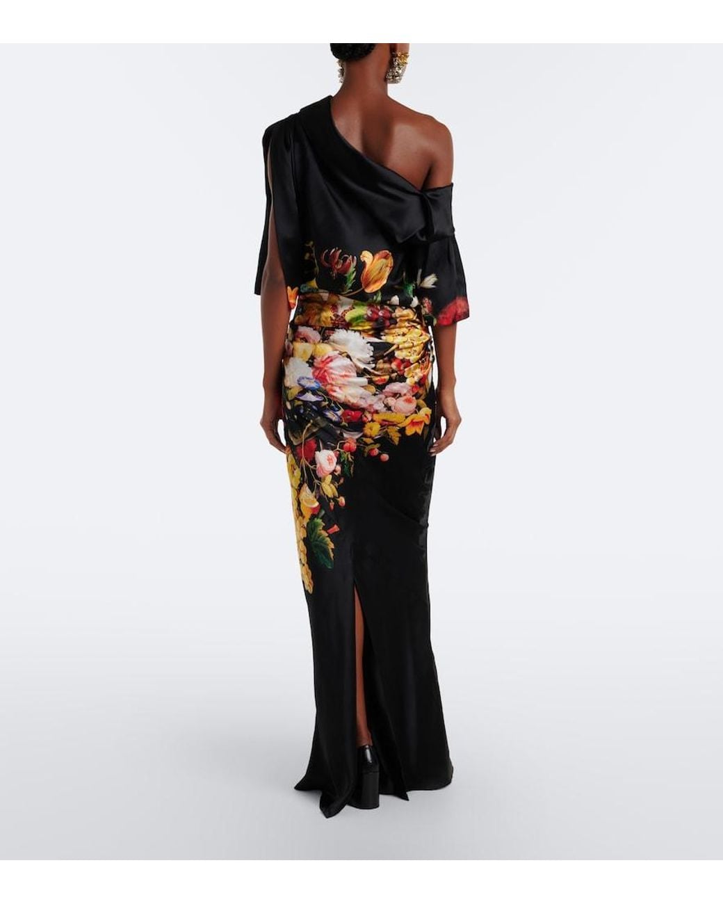 Dries Van Noten Black Draped Printed Silk Satin Gown
