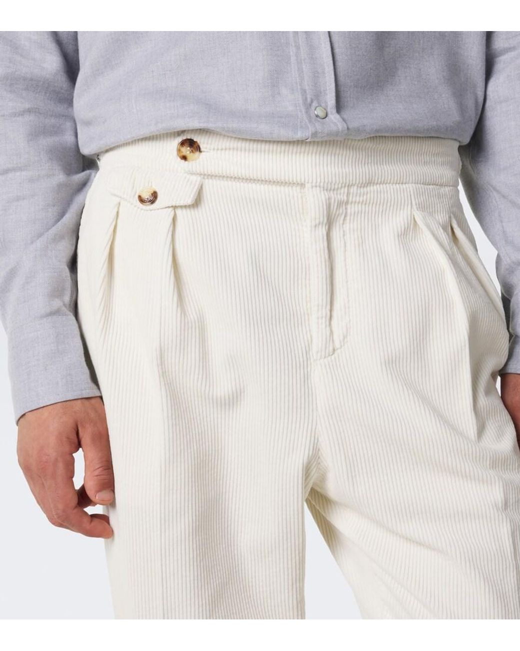 Brunello Cucinelli White Pleated Cotton Corduroy Straight Pants for men