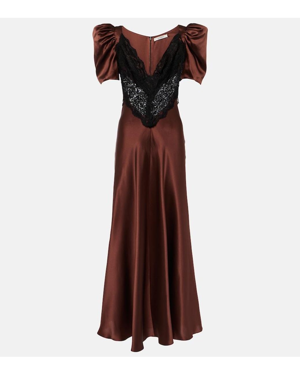 Rodarte Brown Lace-Trimmed Silk Charmeuse Gown