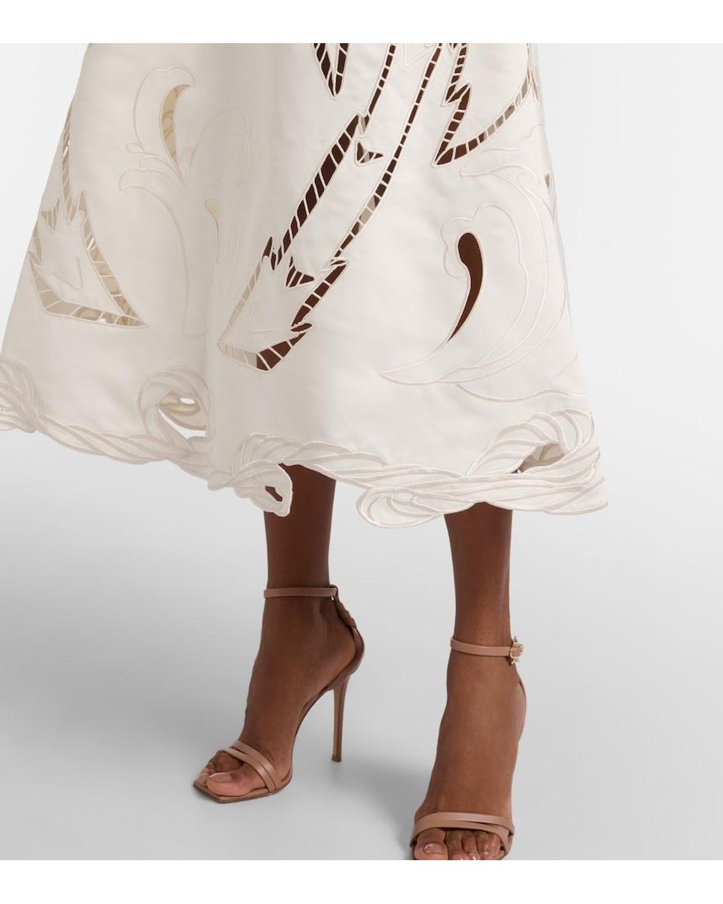 LEO LIN White Palm Laser-Cut Embroidered Midi Dress