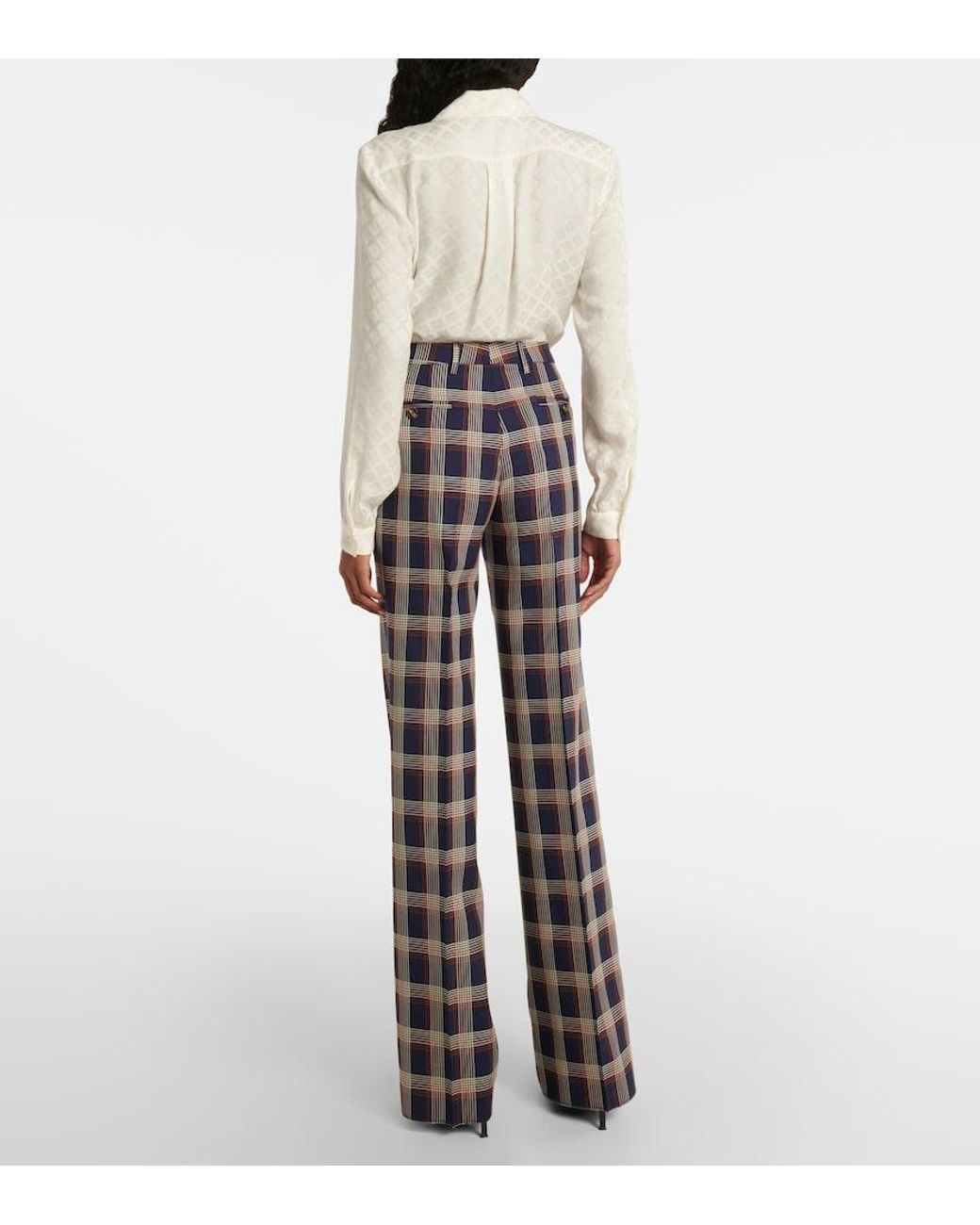 Etro Blue Checked High-Rise Wool Wide-Leg Pants
