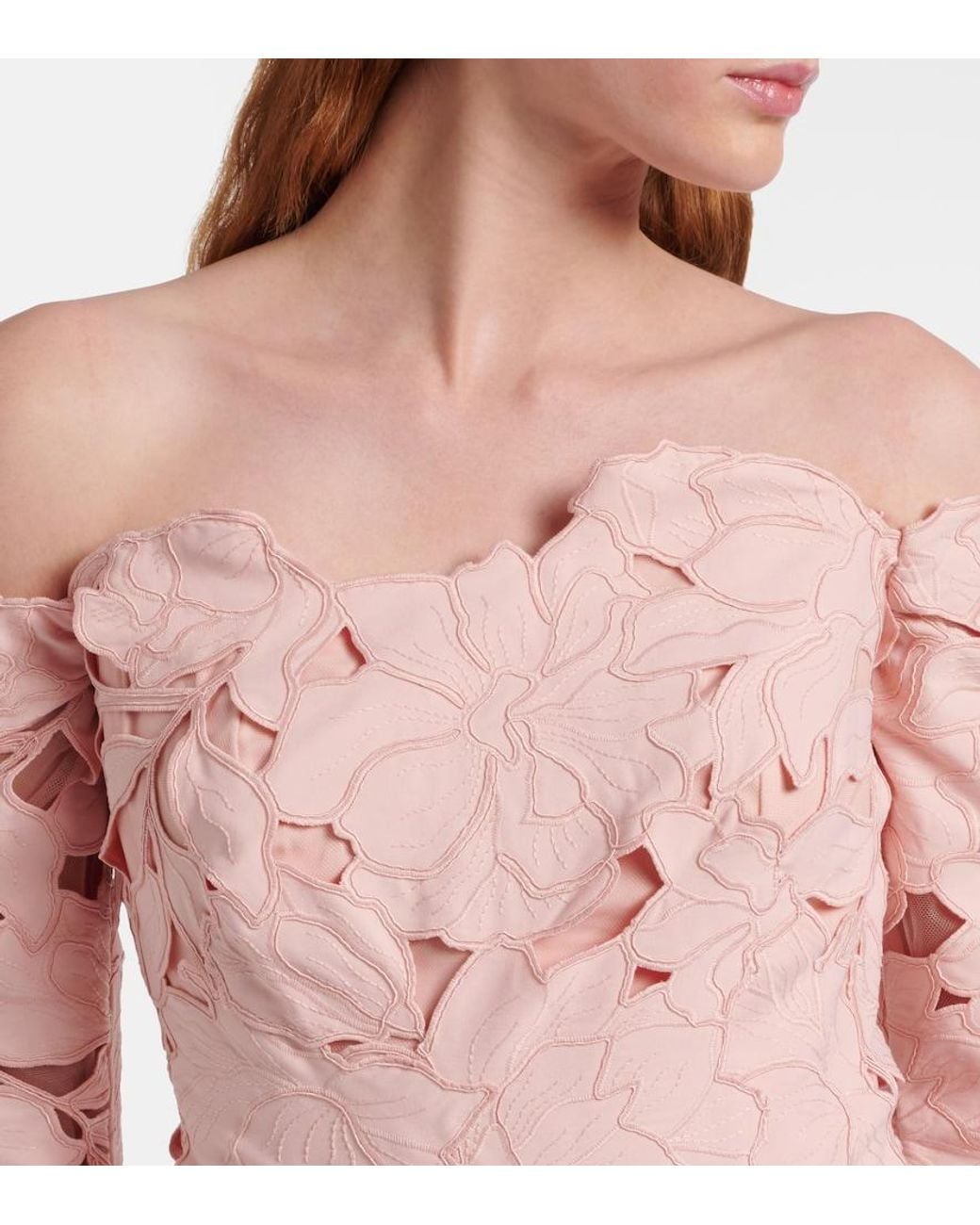 Costarellos Pink Kasia Floral Off-Shoulder Lace Gown