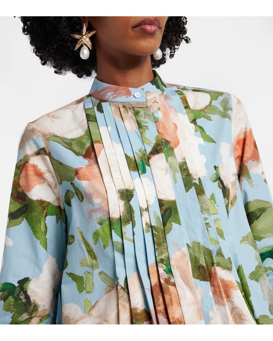 Erdem Green Floral Gathered Cotton Poplin Minidress