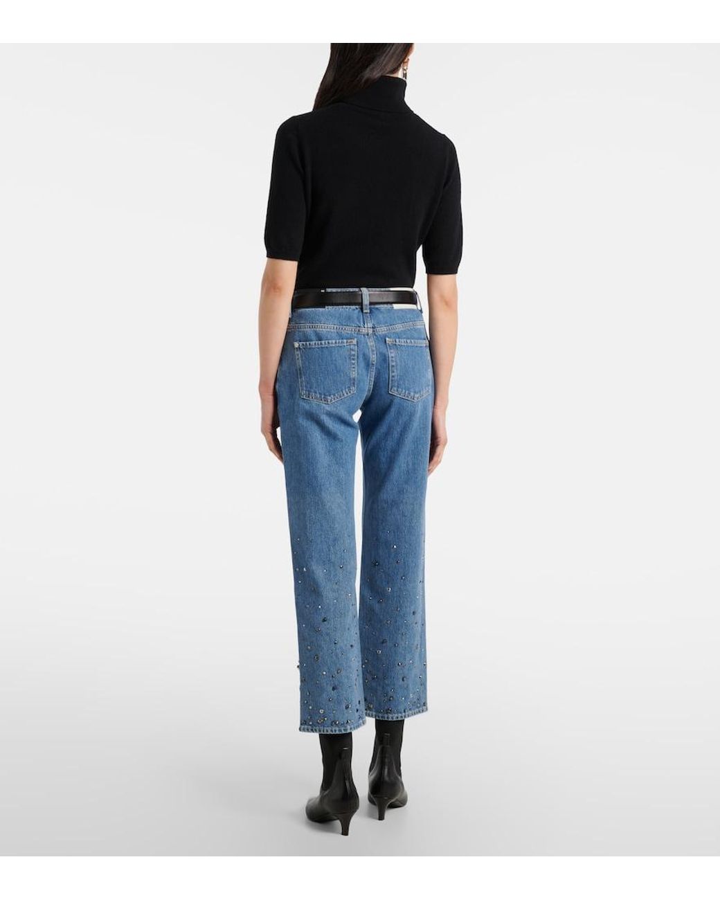 7 For All Mankind Blue Calie Embellished Cropped Straight Jeans