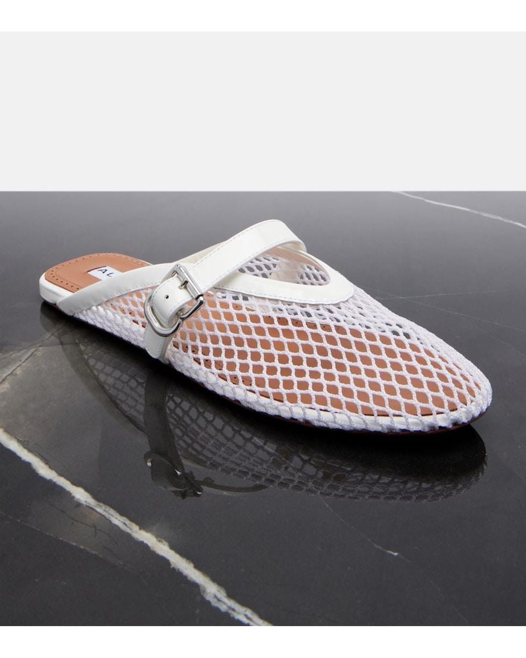 Alaïa White Fishnet Leather-Trimmed Slip-On Mules