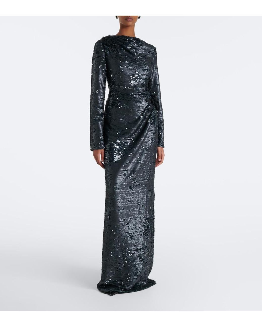 Erdem Black Draped Floral-Applique Sequined Gown