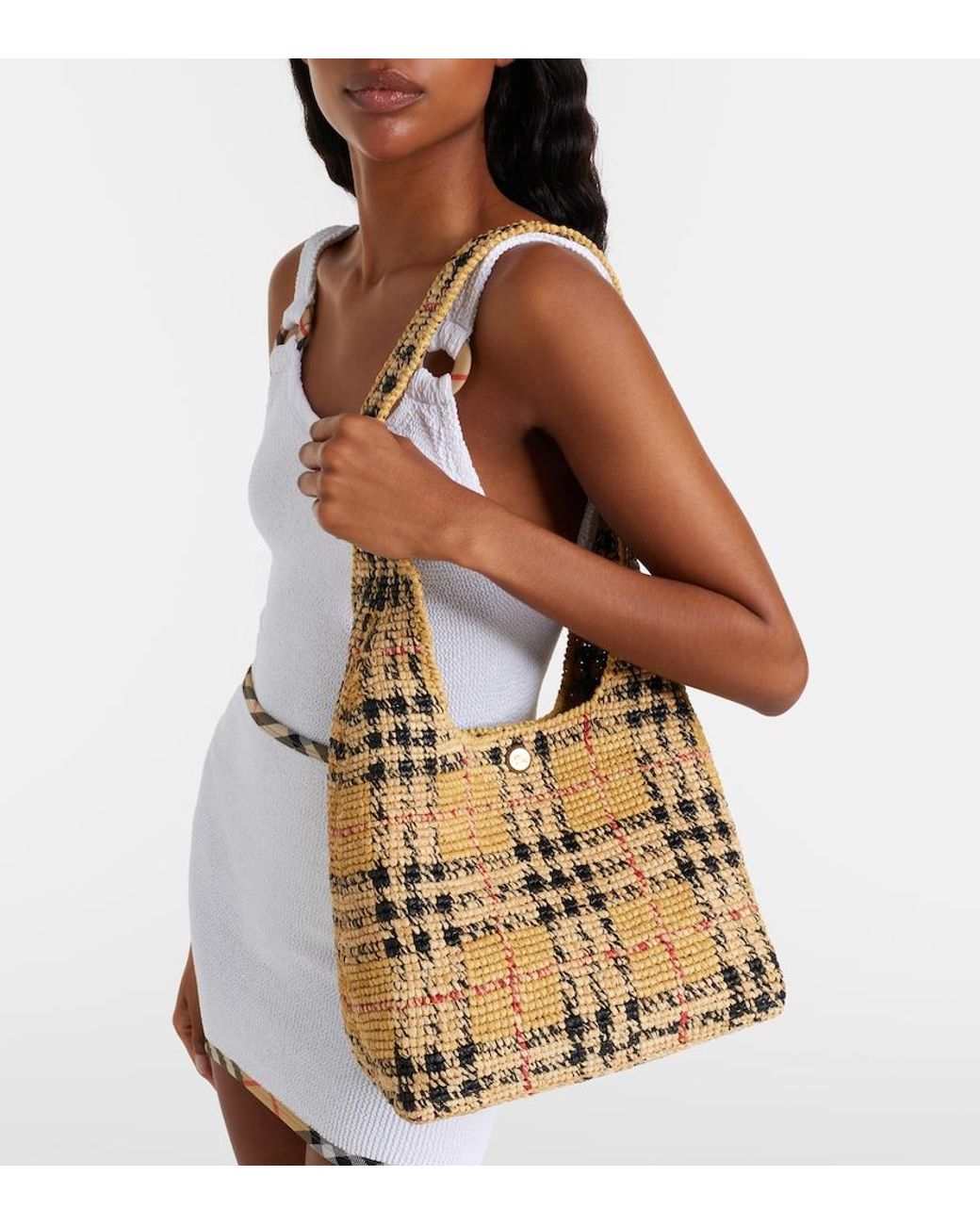 Burberry Metallic Check Medium Raffia Tote Bag
