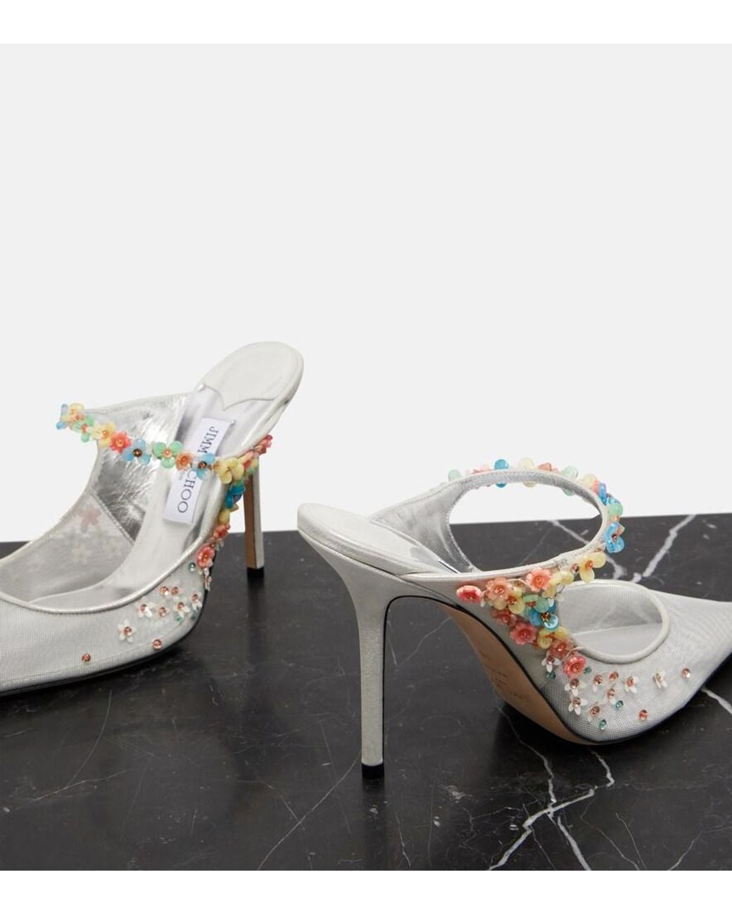 Jimmy Choo White Bing Daisy 100 Embellished Mesh Mules