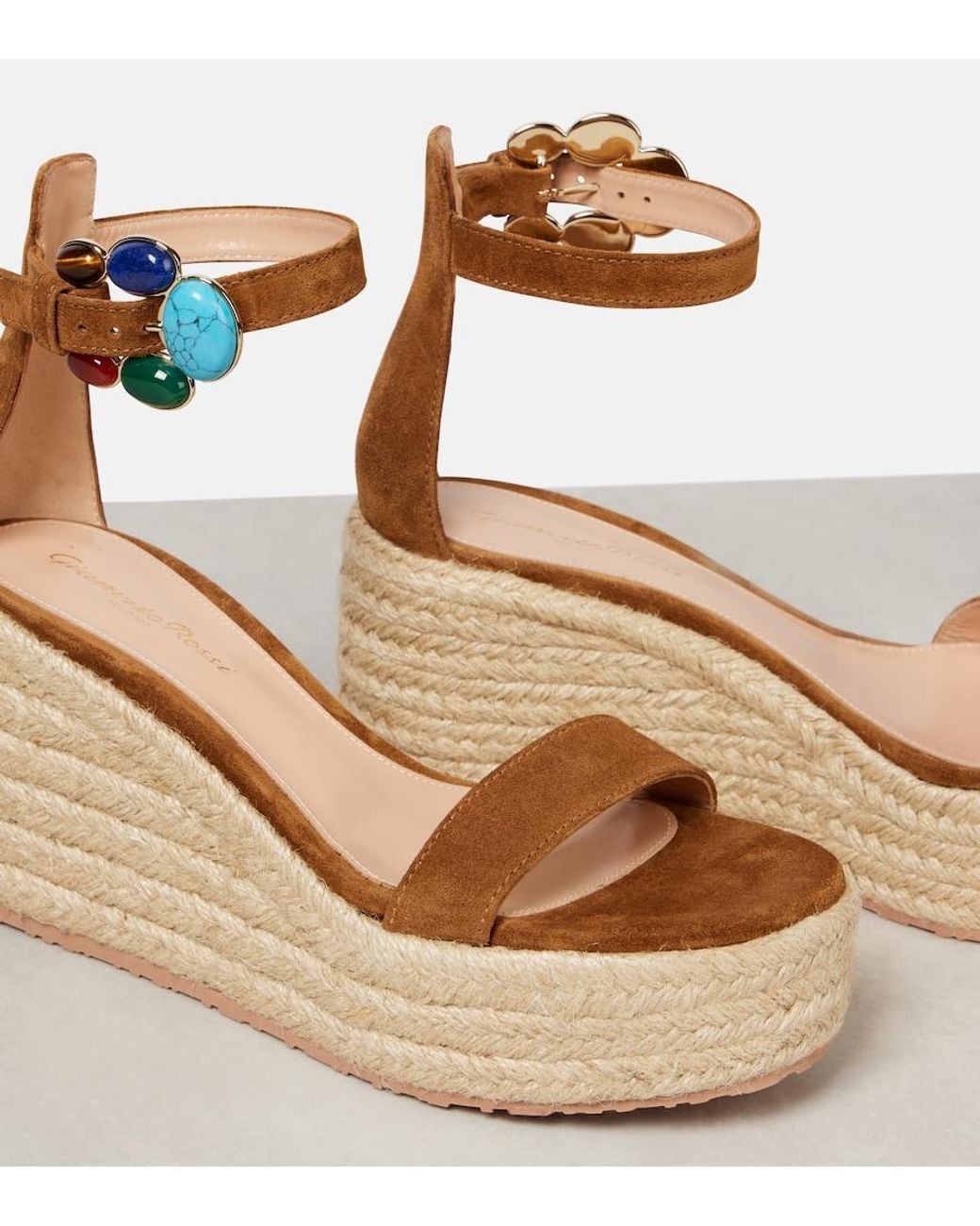 Gianvito Rossi Brown Embellished Suede Platform Espadrilles