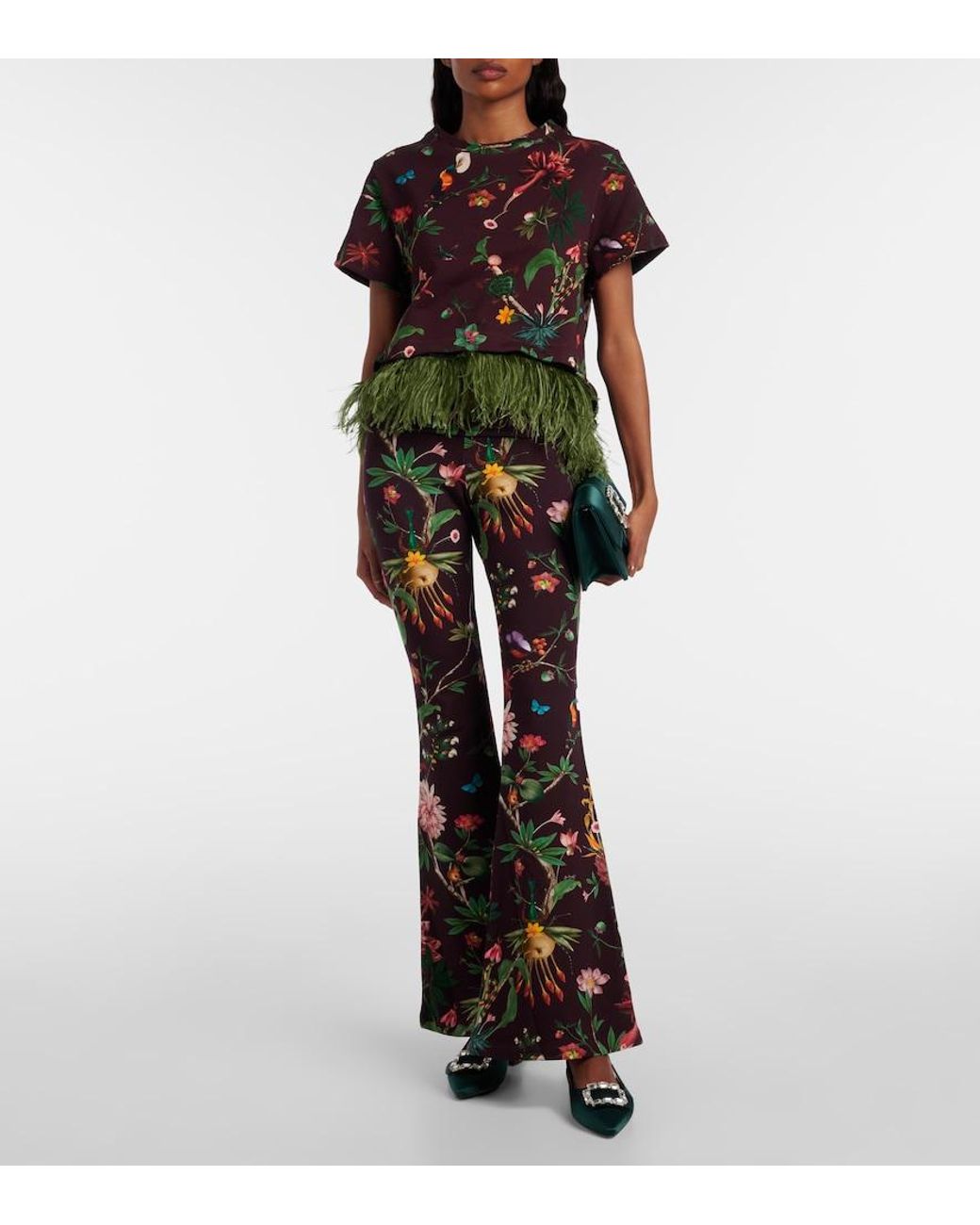 La DoubleJ La Scala Feather-Trimmed Printed Cotton T-Shirt in Red | Lyst
