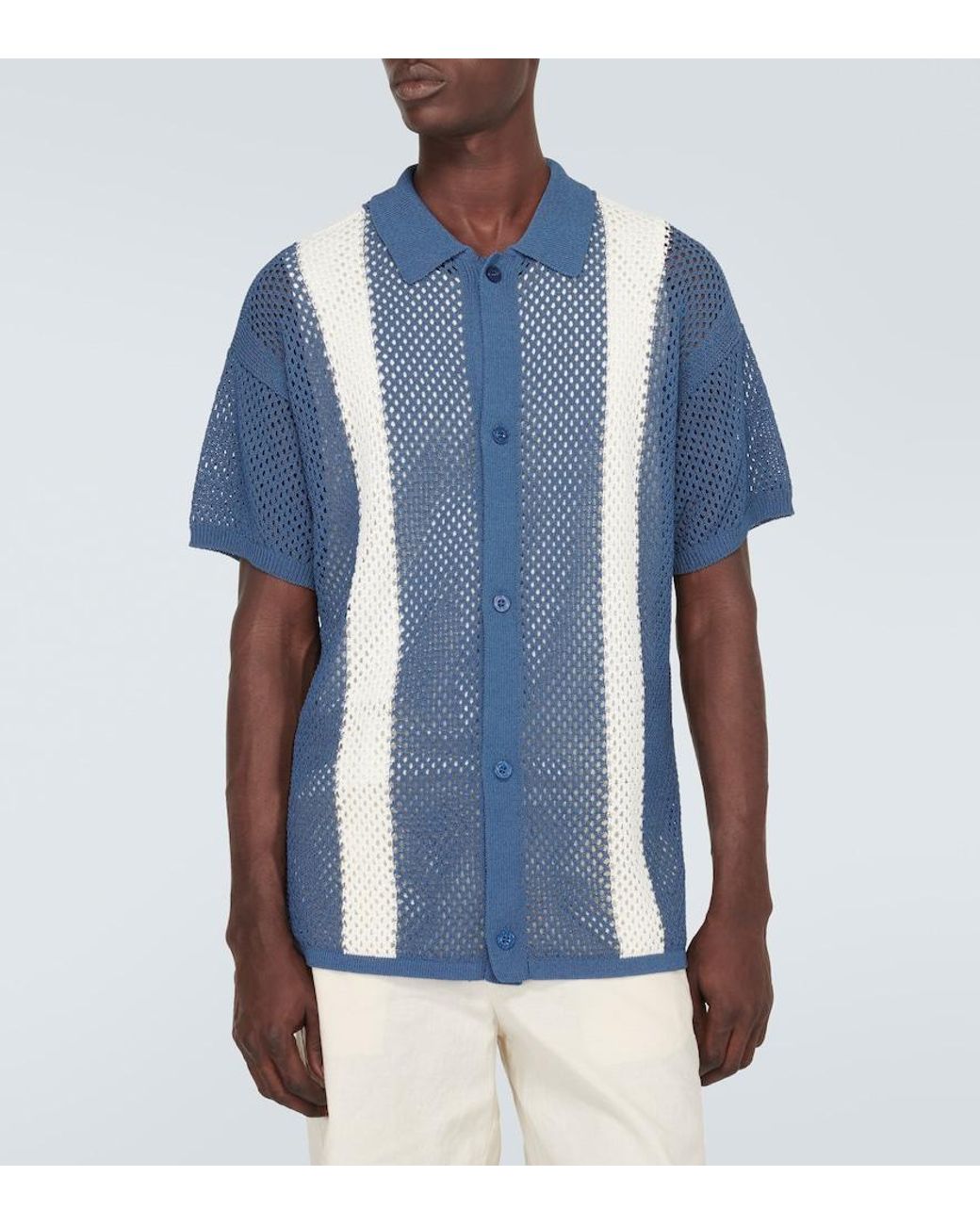 Frescobol Carioca Blue Castillo Cotton-Blend Crochet Bowling Shirt for men