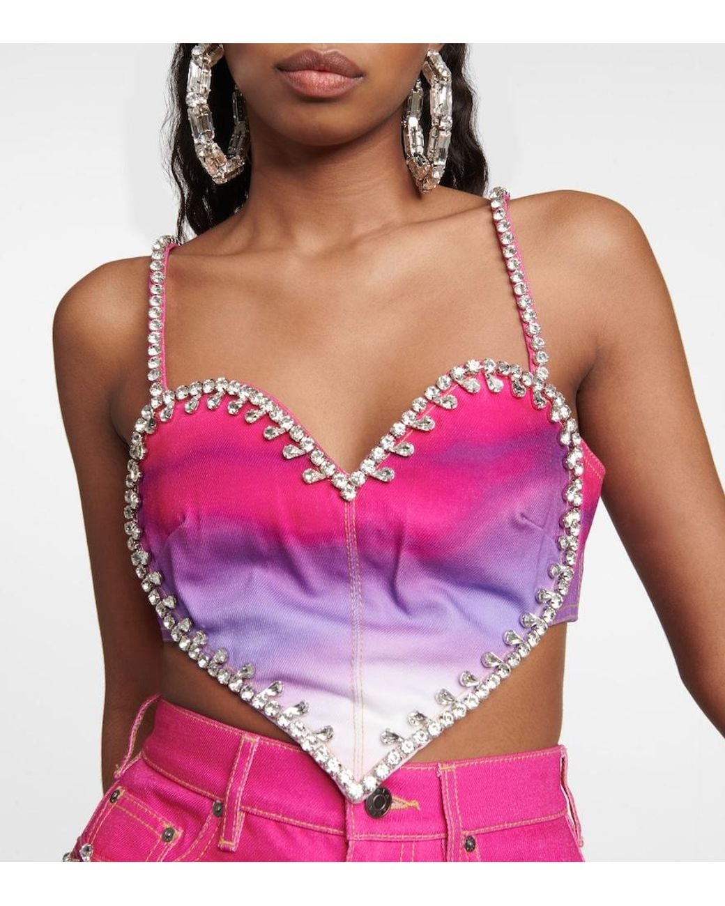 Area Pink Cropped Embellished Ombre Denim Top