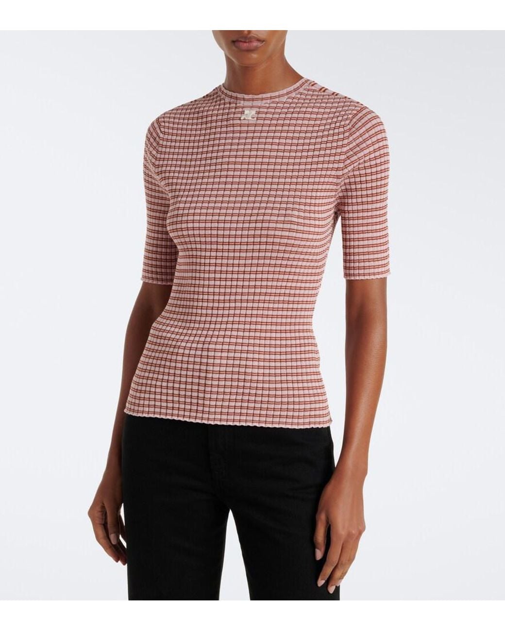 Courreges Red Striped Cotton-Blend T-Shirt
