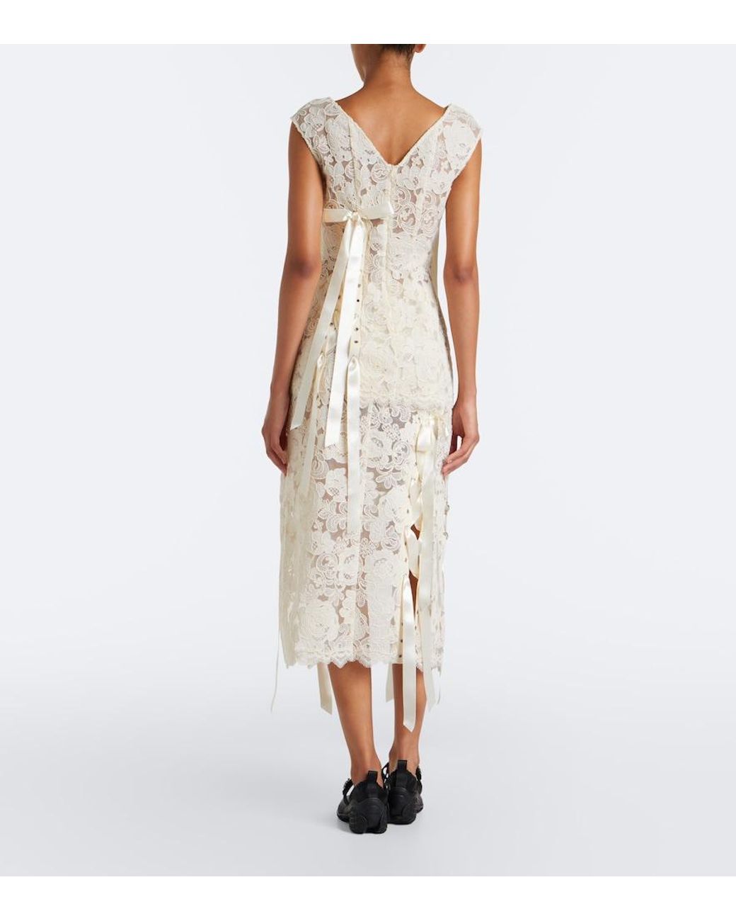Simone Rocha Natural Unraveling Bow-Detail Lace Midi Skirt
