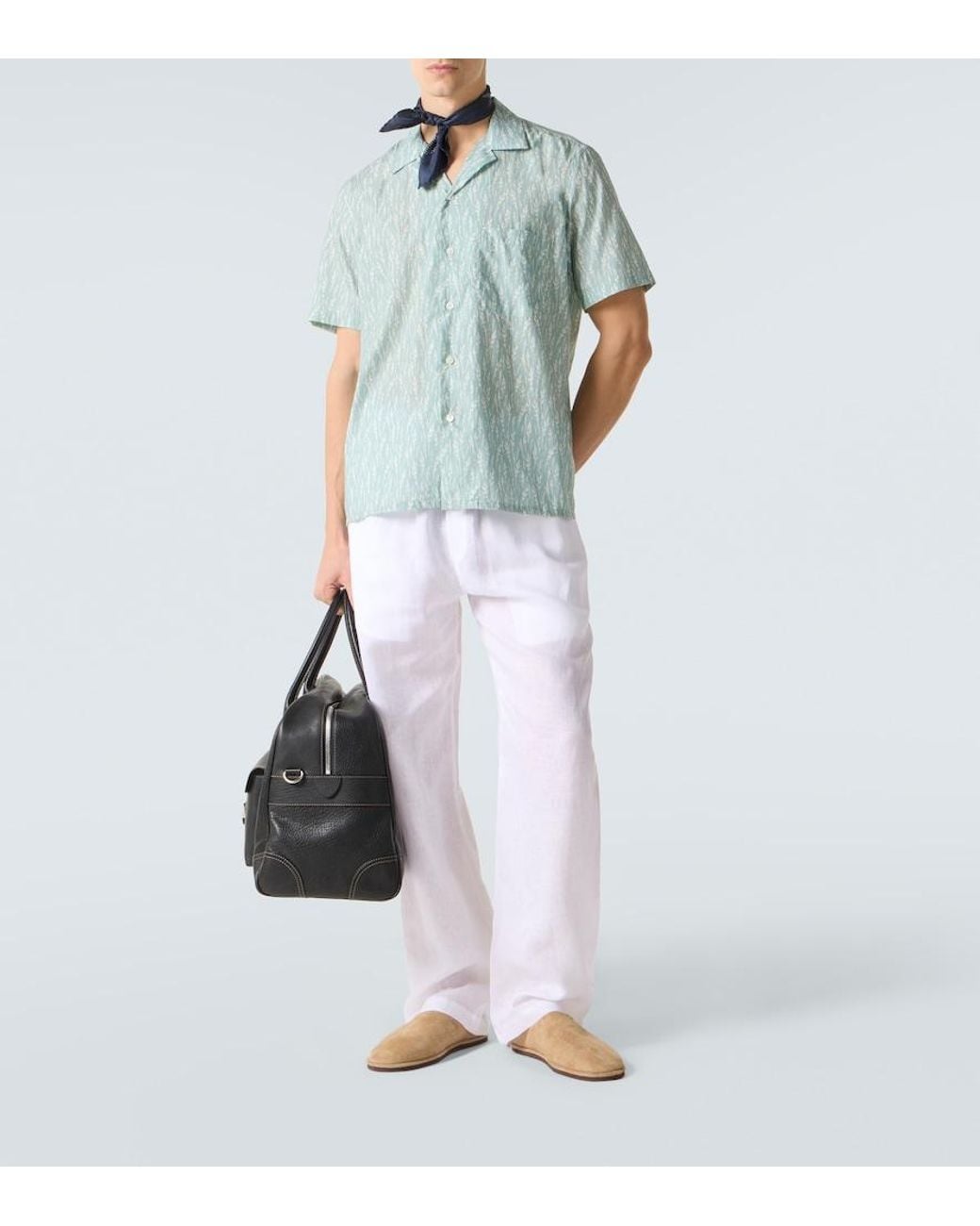 Canali Blue Printed Cotton-Blend Bowling Shirt for men