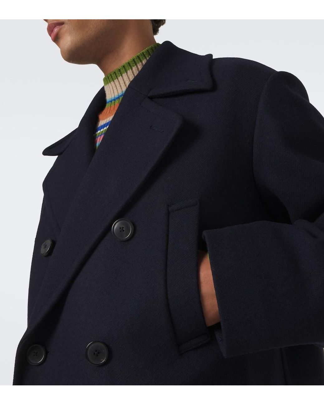 Dries Van Noten Blue Double-Breasted Wool-Blend Coat for men