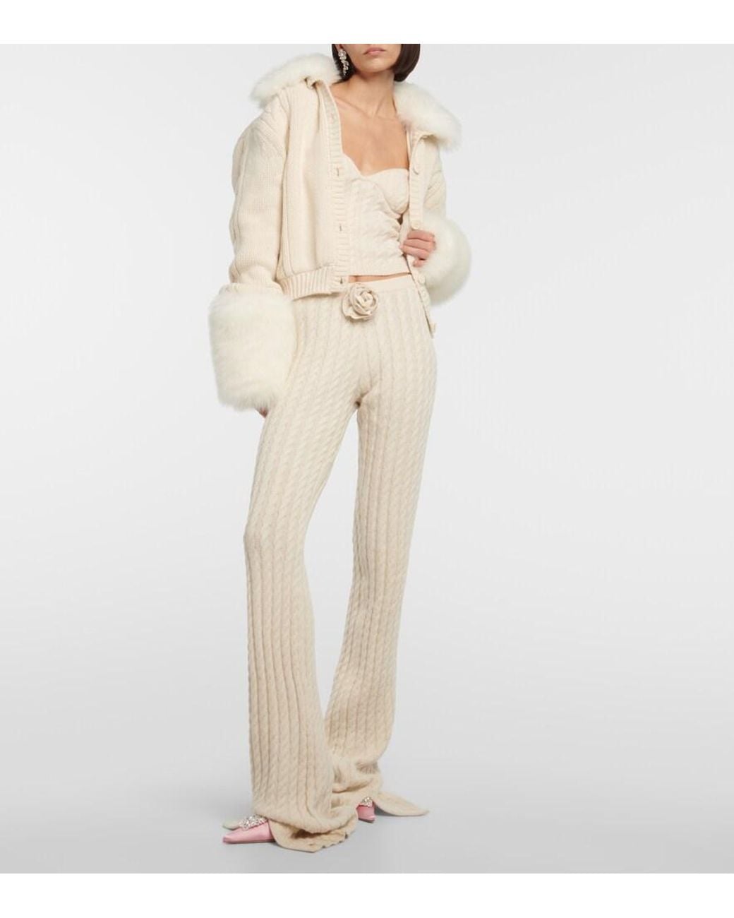 Magda Butrym Natural Floral-Applique Split-Hem Flared Pants