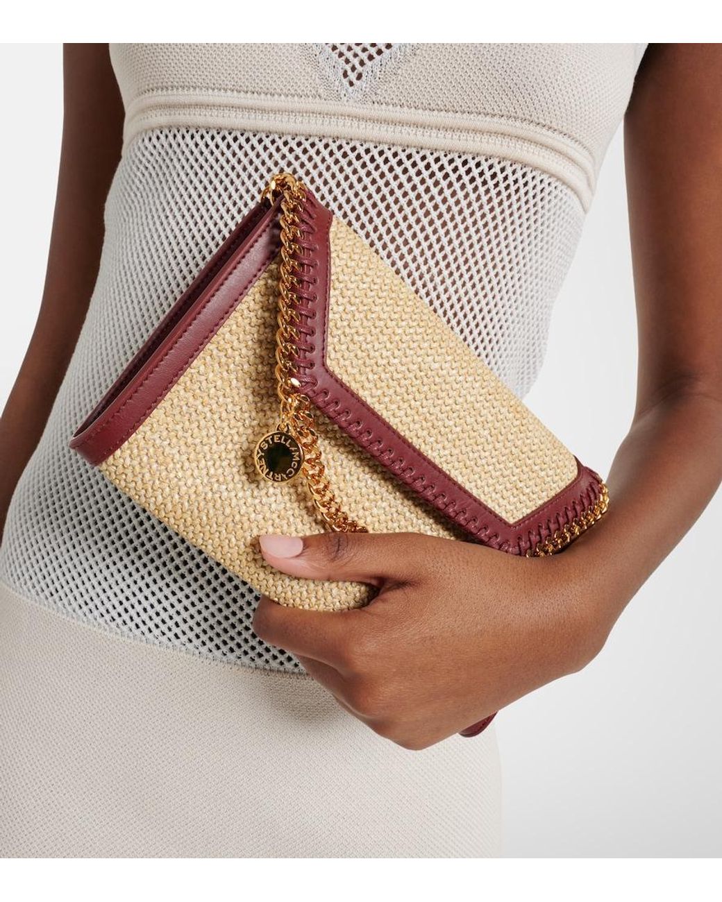 Stella McCartney Brown Falabella Raffia-Effect Wallet On Chain