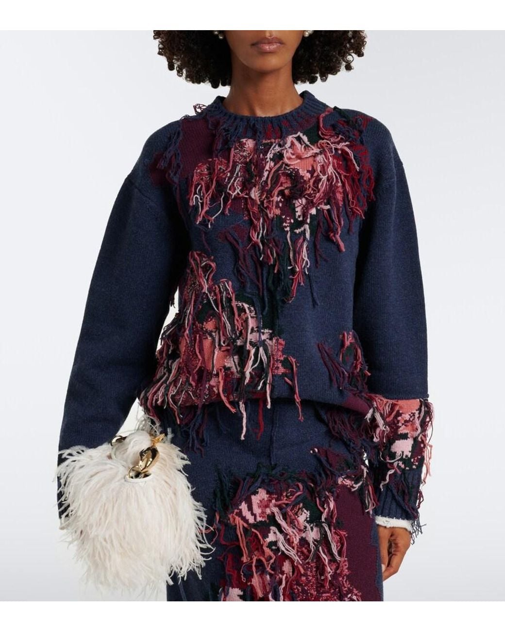 Erdem Blue Fringed Intarsia Wool Sweater
