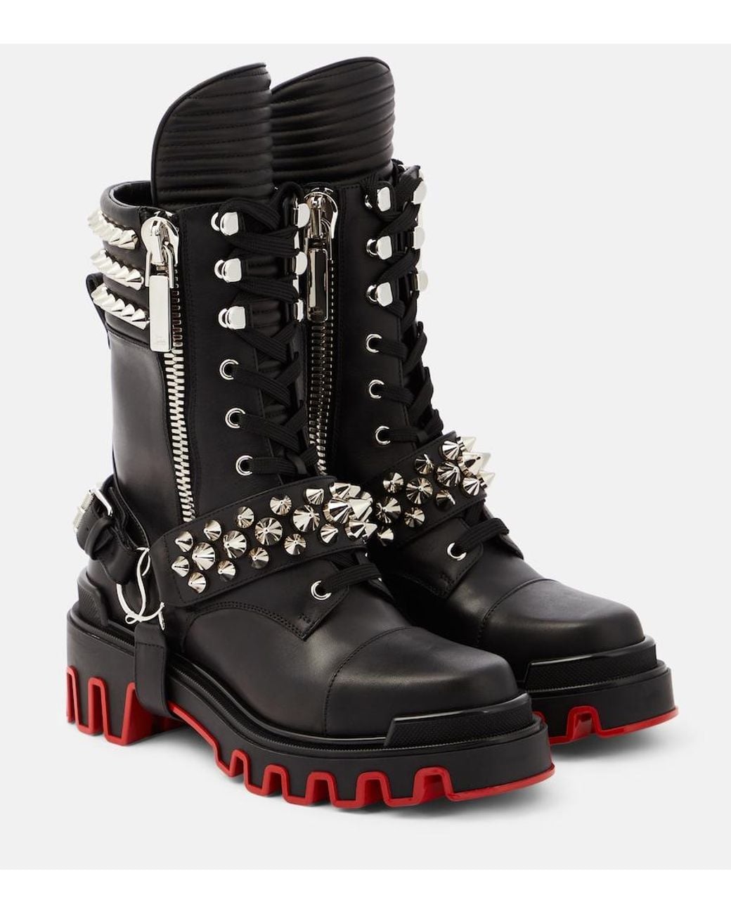 Christian Louboutin Black Janetta Red Sole Spike Leather Biker Boots