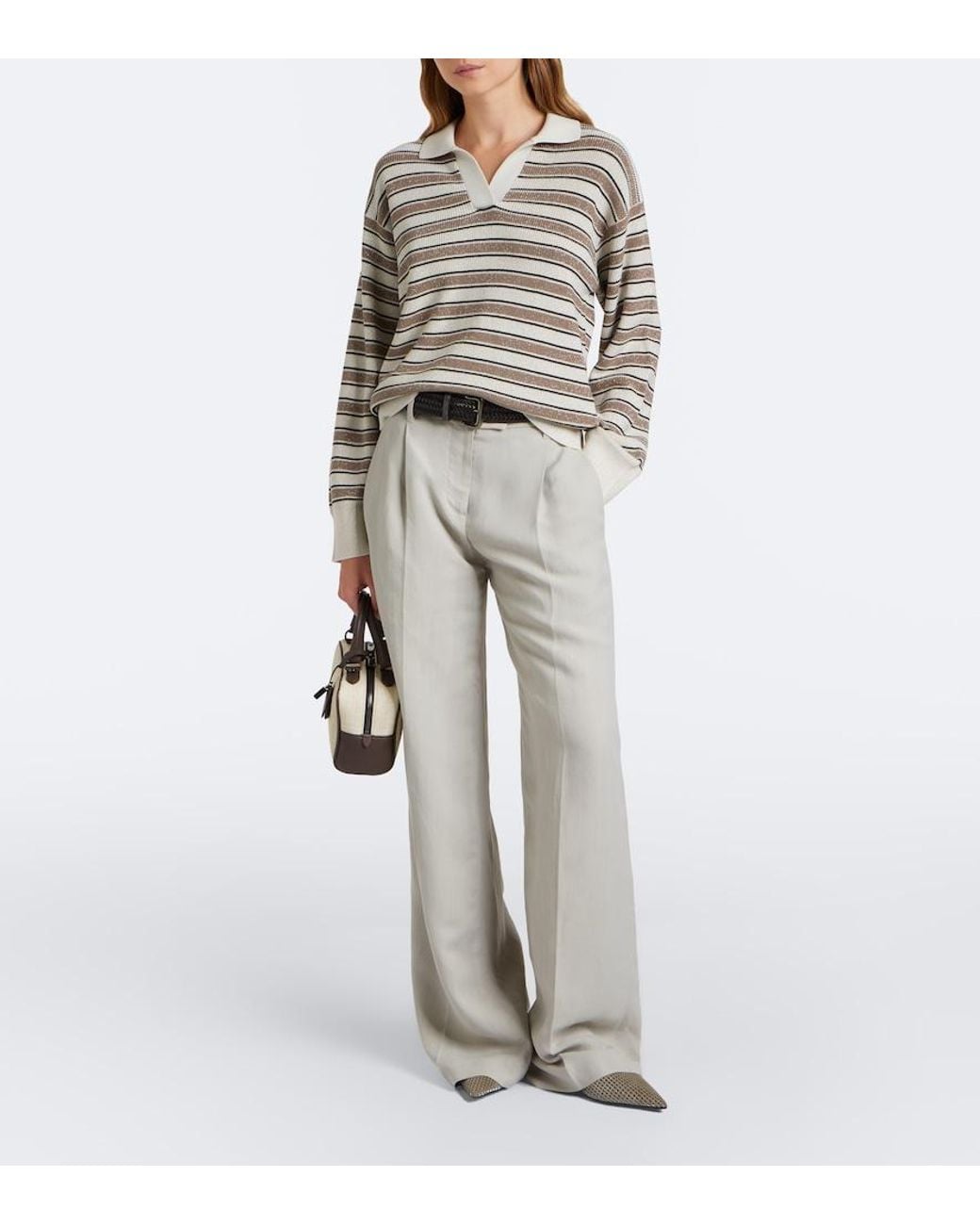 Brunello Cucinelli Gray Striped Cotton-Blend Polo Sweater