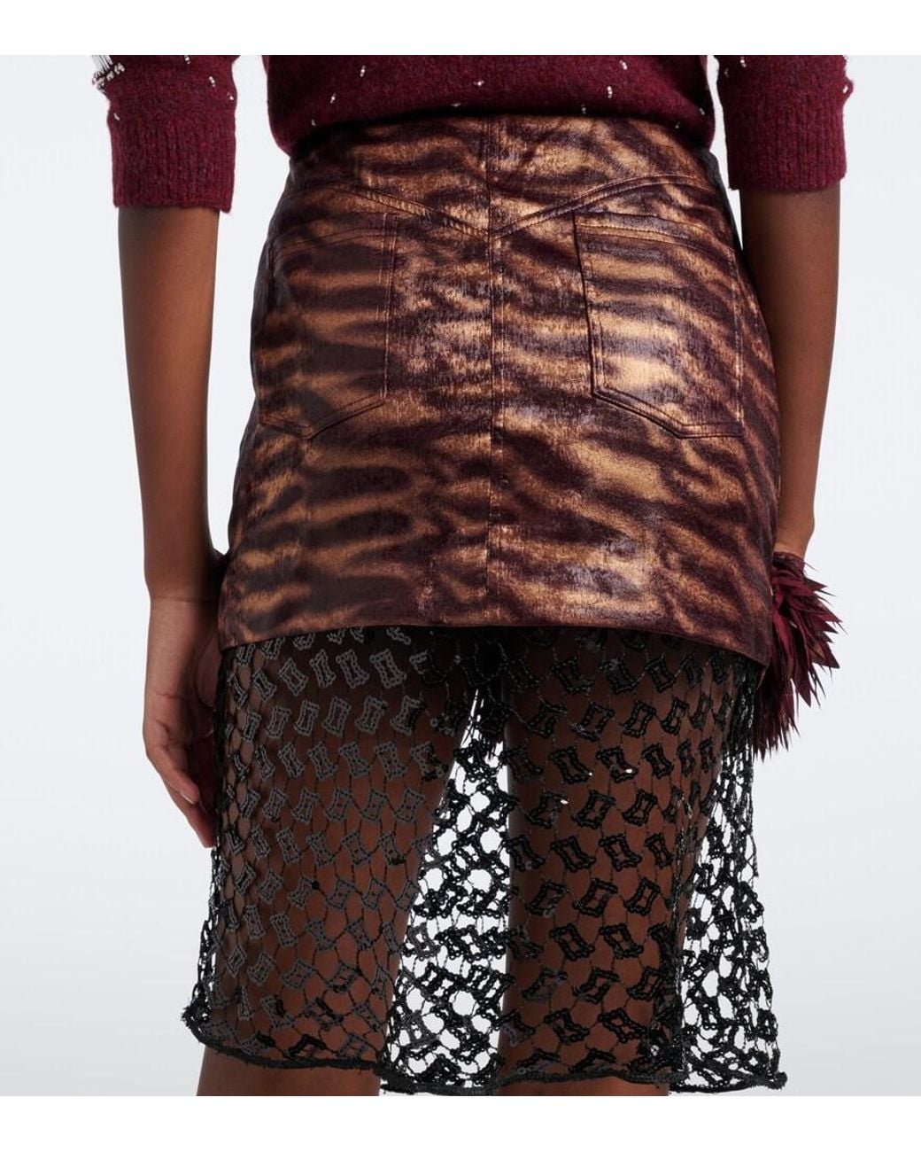 JACQUES WEI Brown Fringed Paneled Sequined Miniskirt