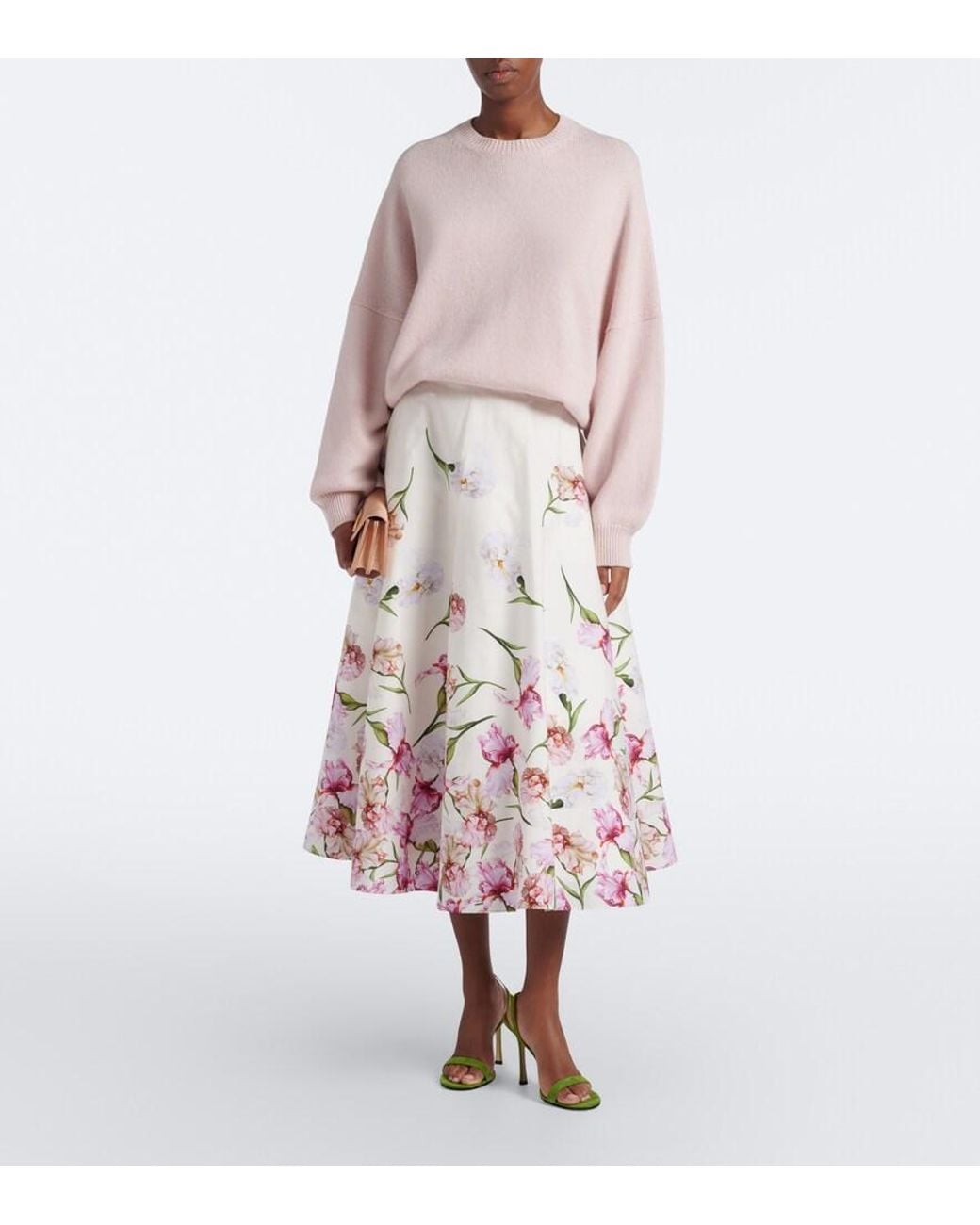 Oscar de la Renta Pink Floral Cotton-Blend Poplin Midi Skirt