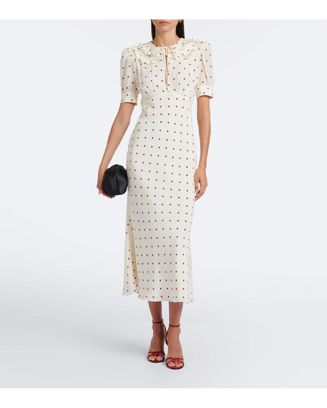 Alessandra Rich White Ruffled Polka-Dot Silk Midi Dress