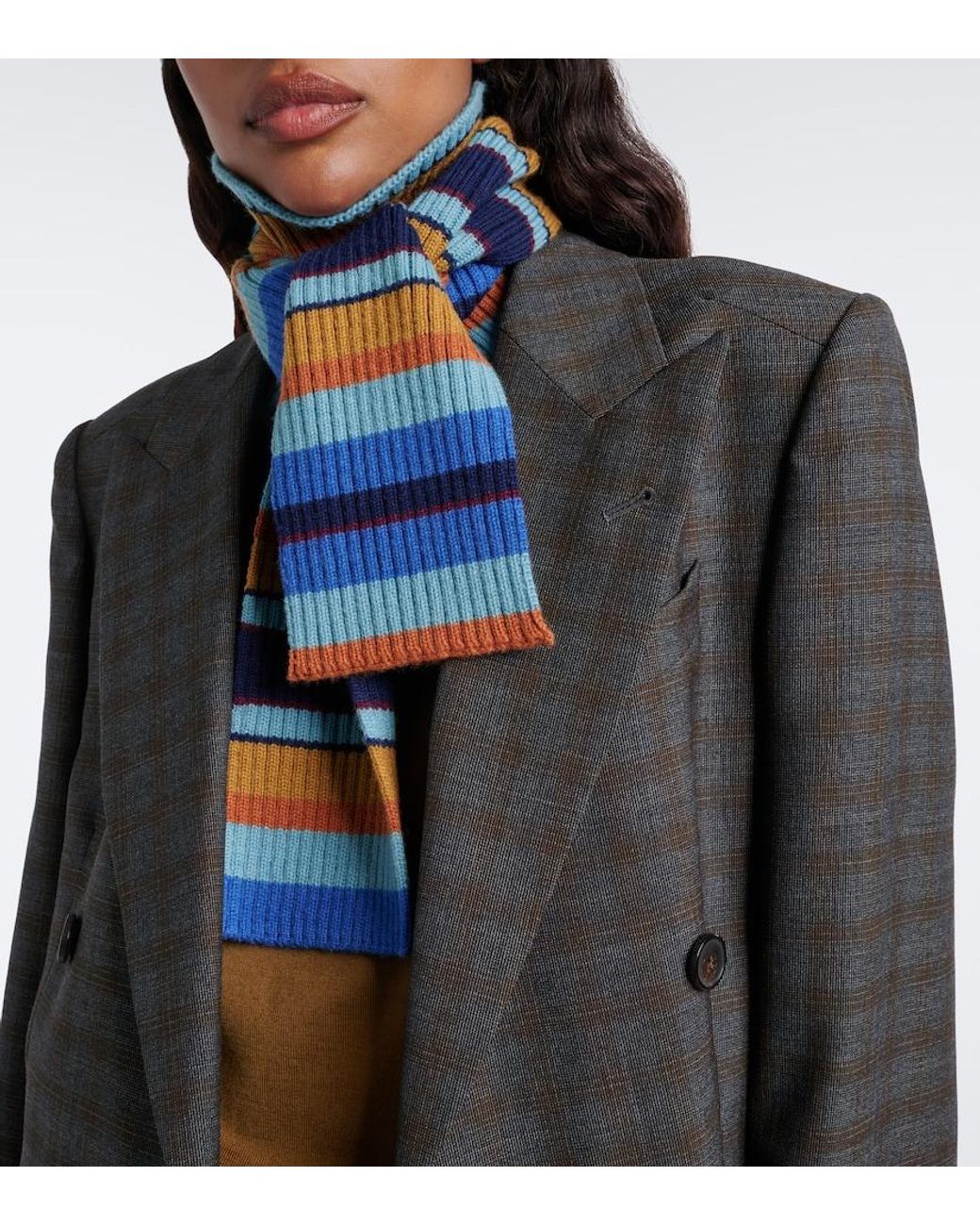 Dries Van Noten Blue Ribbed-Knit Striped Wool Scarf