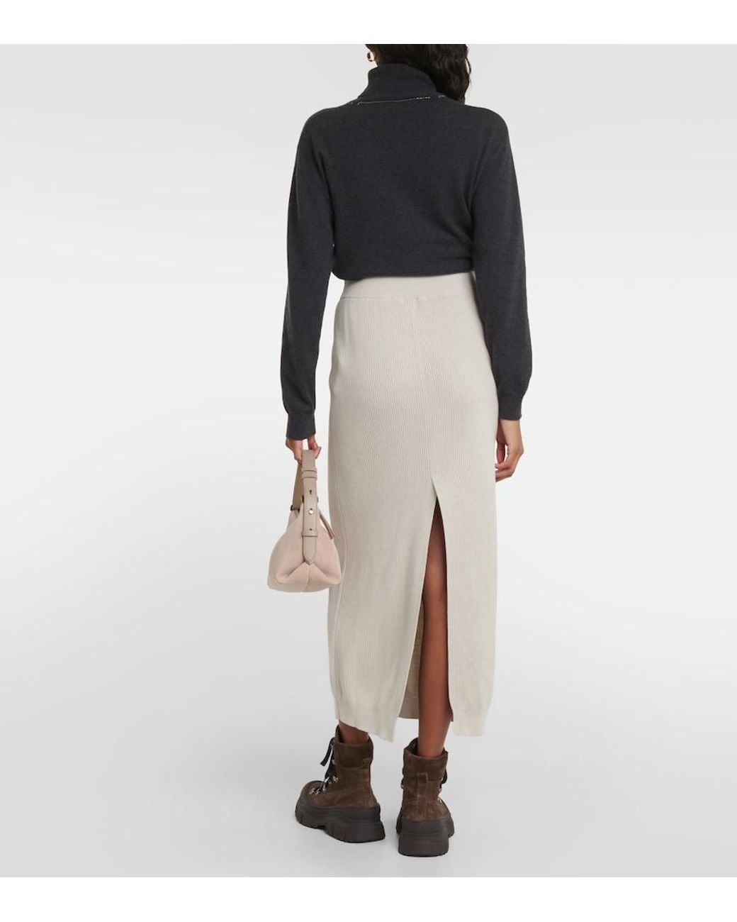 Brunello Cucinelli White Ribbed-Knit Cotton Midi Skirt
