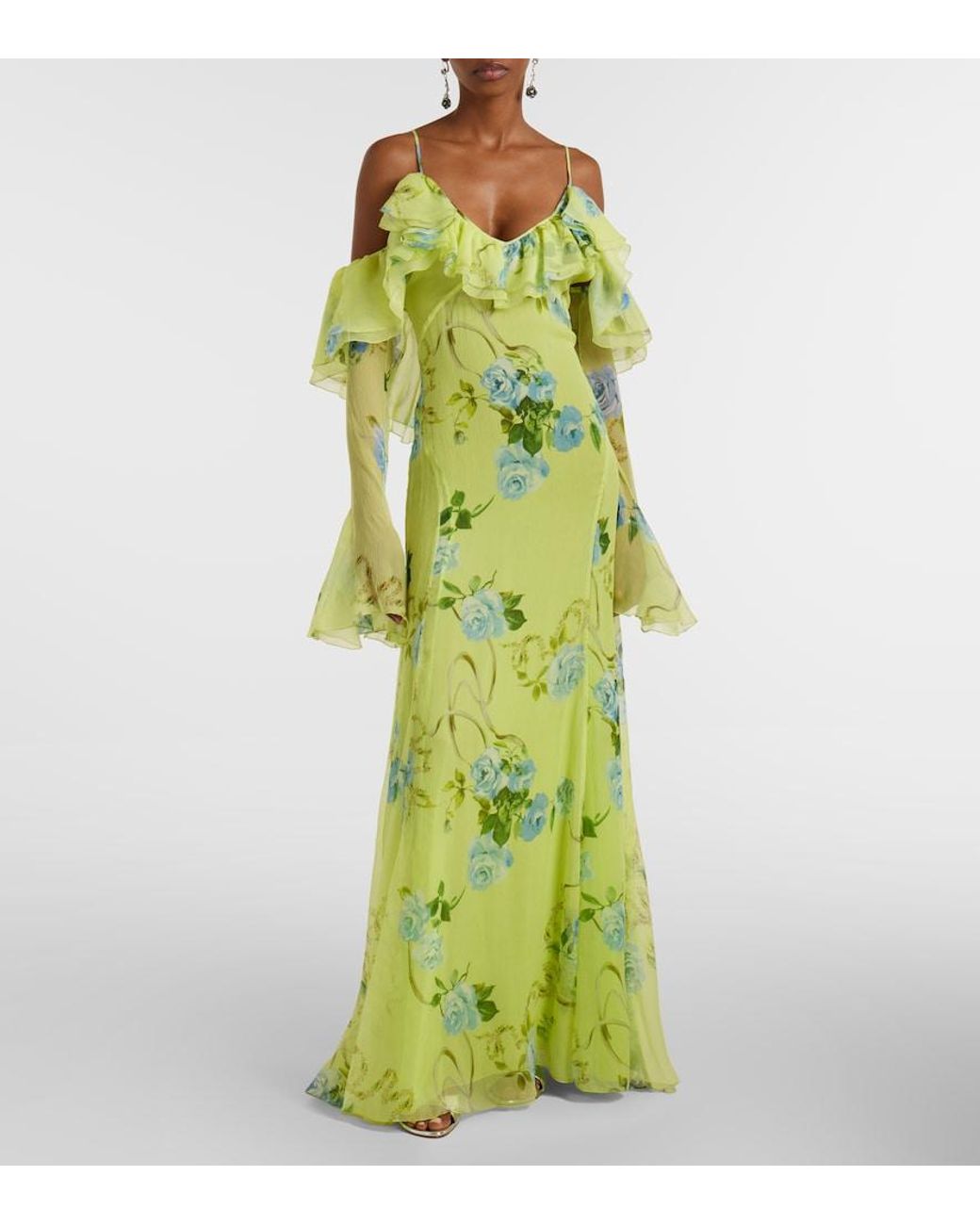 Blumarine Green Floral Silk Crepe Gown