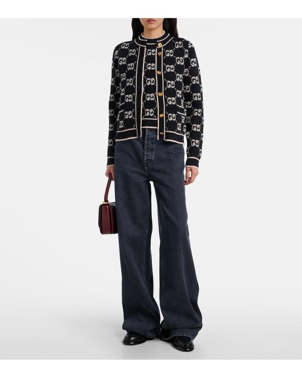 Gucci Black Cardigan Aus Wollbouclé Mit Gg Jacquard, Grösse